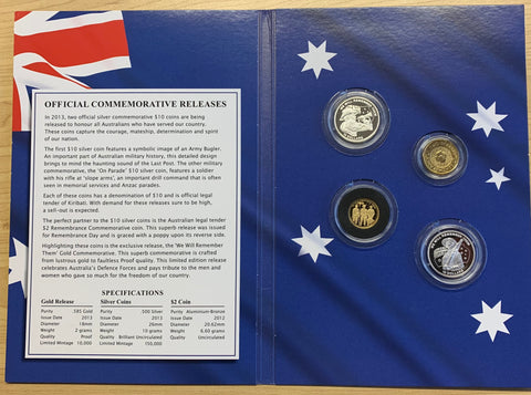 Australia Kiribati 2013 "We Will Remember Them" with $10 Silver & 2g .585 Gold Coins