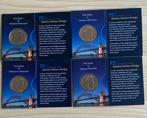 Australia 2007 Royal Australian Mint $1 Sydney Harbour Bridge Coins B, C, M, & S mintmarks in RAM folders