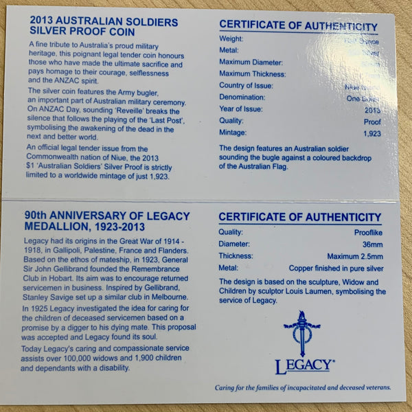 Niue 2013 $1 Australia Legacy 1/2 oz silver Proof Coin & 1/2 oz Medallion