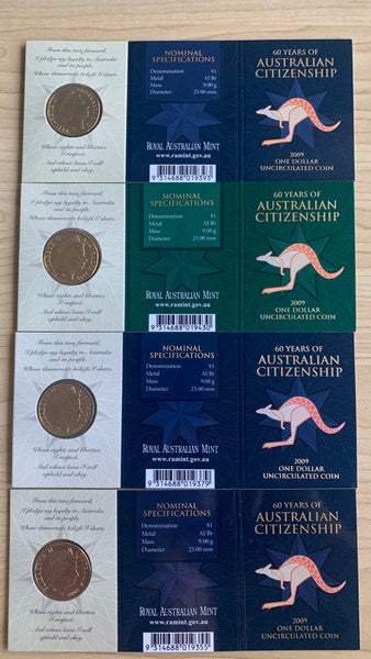 Australia 2009 Royal Australian Mint $1 Citizenship Coins B, C, M, & S mintmarks in RAM folders