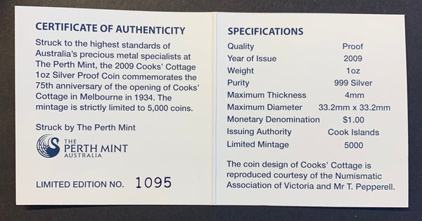 Cook Islands Australia 2009 Perth Mint "Cooks' Cottage"  Coloured  $1  1oz .999 Proof Silver Coin