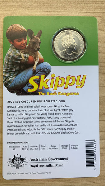 2020 RAM 50c Fifty Cents Skippy The Bush Kangaroo Coloured Carded Coin