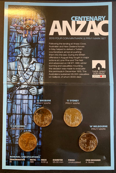 Australia 2015 Royal Australian Mint $1 ANZAC CENTENARY DOLLAR Uncirculated Privy Mark Set of 4