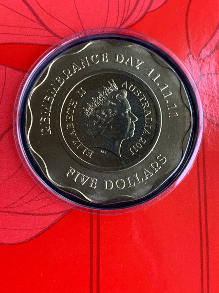 Australia 2011 $5 Remembrance Day Poppy Coloured Coin