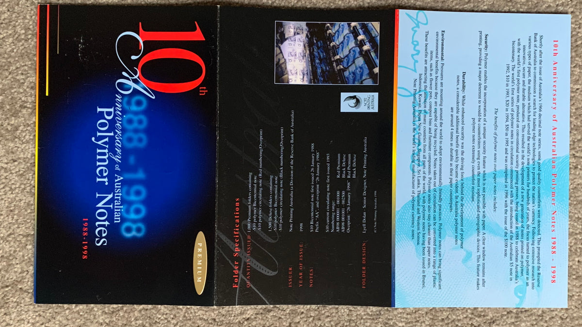 Australia 1998 10th Anniversary of Polymer Banknotes Premium $10 Folde ...
