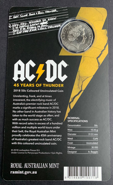 2018 Australia  AC/DC ACDC Coloured  50 cents 50c carded Uncirculated coin