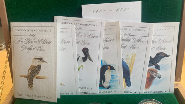 Australia 1989-1994 Royal Australian Mint Birds of Australia 6 x $10 Piedfort Proof Sterling Silver Coin Set in wooden case
