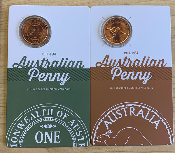 Australia 2021 Set of 2 x $1  One Penny QE11 Design  Uncirculated carded coins