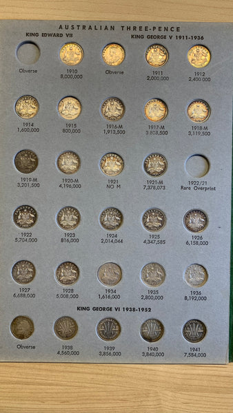 Australia 1910-64 Threepence 3d collection in Hendo album. Complete except overdates