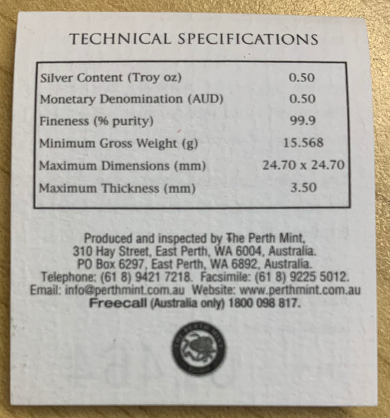 Australia 2005 Perth Mint 50c Kookaburra 1/2 oz 999 Square Silver Proof Coin