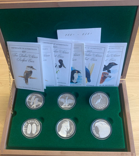 Australia 1989-1994 Royal Australian Mint Birds of Australia 6 x $10 Piedfort Proof Sterling Silver Coin Set in wooden case