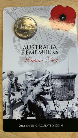 2012 Australia Remembers Merchant Navy 20c Uncirculated Carded Coin