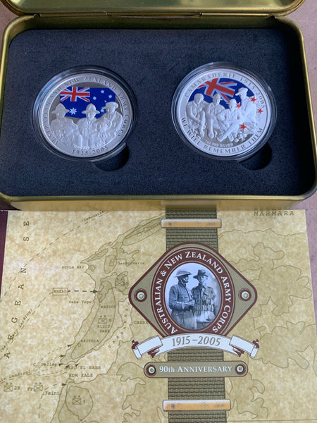 Australia New Zealand 2005 NZ Post Perth Mint ANZAC 90TH Anniversary Two Coloured Silver Coin Set