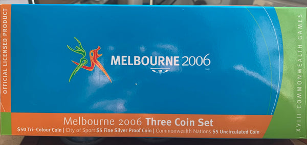 Australia 2006 Royal Australian Mint $5 Melbourne Commonwealth Games 3 Coin set with $50 Tri-Colour coin.
