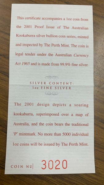 Australia 2001 Perth Mint $1 The Australian Kookaburra 1oz 999  Silver Proof Coin