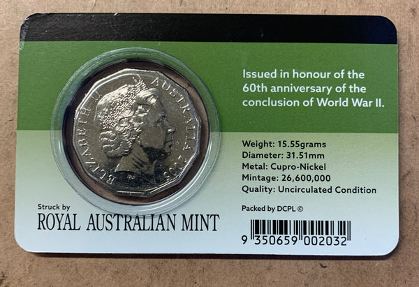 2005 Australia 50c Fifty Cents End of WWII Carded Uncirculated Coin