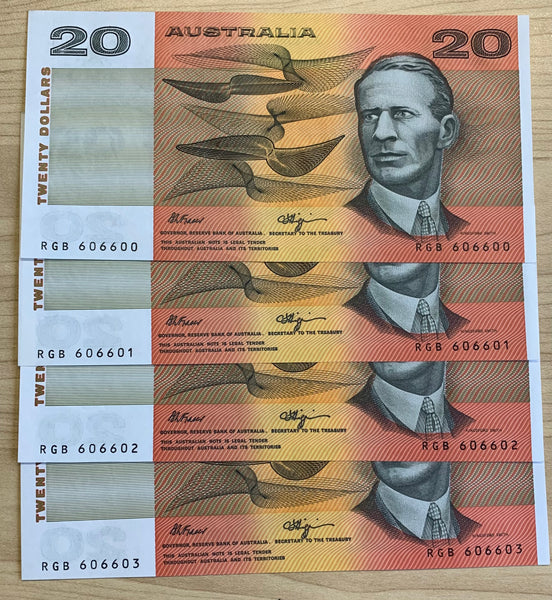 Australia R412 $20 Fraser Higgins Uncirculated with Teller Flicks run 4 Banknotes