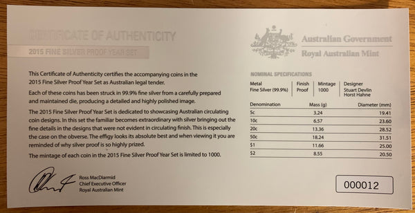 Australia 2015 Royal Australian Mint FINE SILVER Proof Coin Set