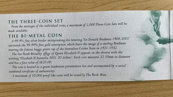 Australia 2001 Royal Australian Mint Sir Donald Bradman cricket Gold Silver & Bronze Tri Metal Coin Set