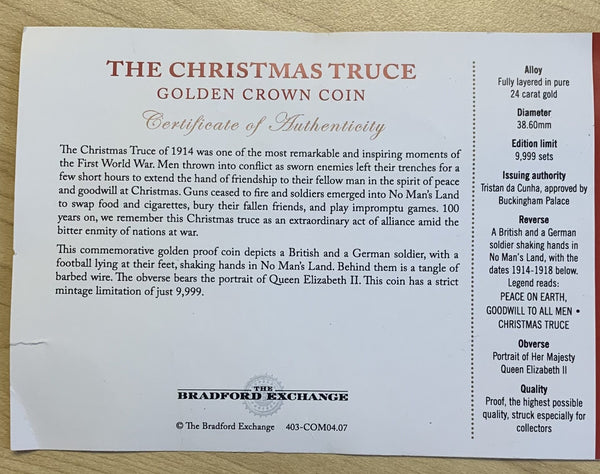 Tristan Da Cunha 2014 The 1st World War Centenary Golden Crown Collection.. The Christmas Truce