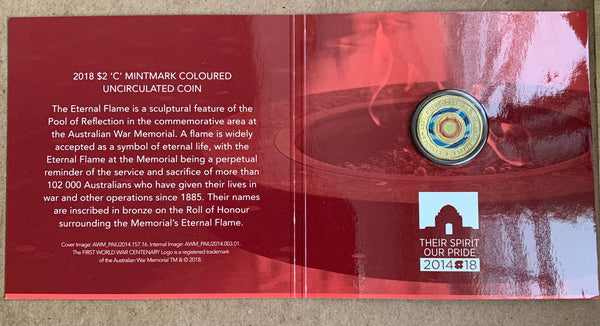 Australia 2018 Royal Australian Mint  $2 Coloured Eternal Flame with C mintmark