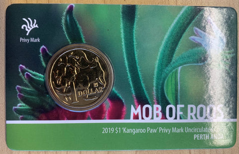 2019  Royal Australian Mint $1 Mob of Roos Perth ANDA Kangaroo Paw Privy Mark