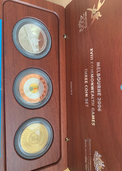 Australia 2006 Royal Australian Mint $5 Melbourne Commonwealth Games 3 Coin set with $50 Tri-Colour coin.