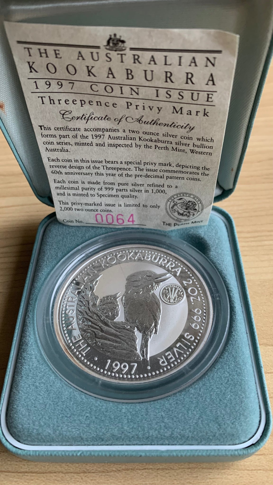 Australia 1997 Perth Mint "Threepence Privy Mark" Kookaburra 2oz .999 Silver Proof Coin