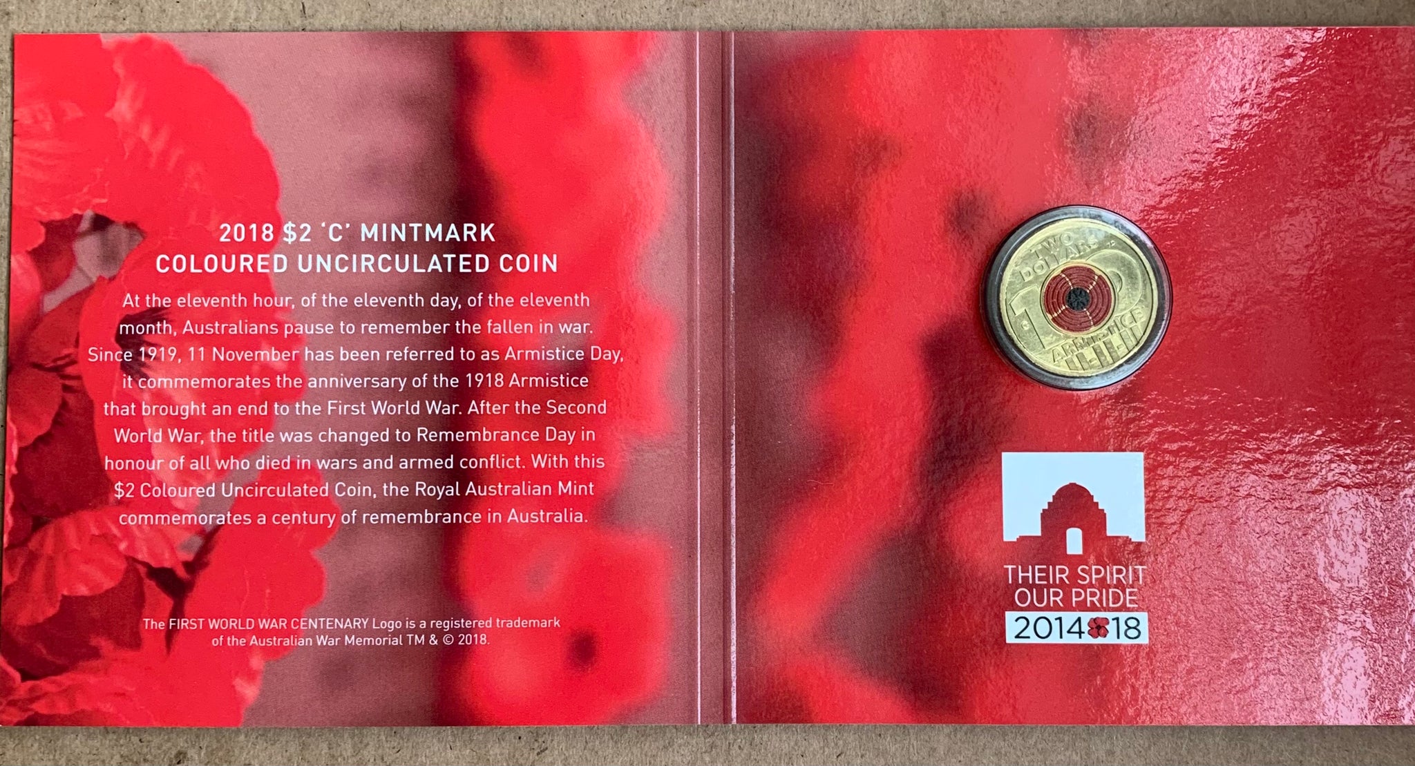 2018 Royal Australian Mint $2 Remembrance Day C Mintmark Coloured Coin