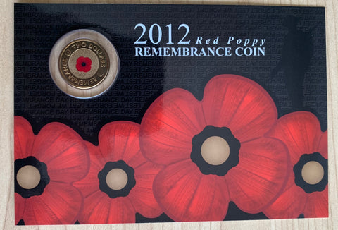 2012 Remembrance Day Poppy coloured $2  Uncirculated Sherwood Carded Coin No Mintmark