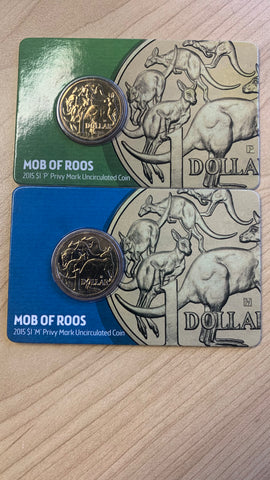 Australia 2015 Royal Australian Mint $1 Mob of Roos Uncirculated Privy Mark Melbourne and Perth Coins