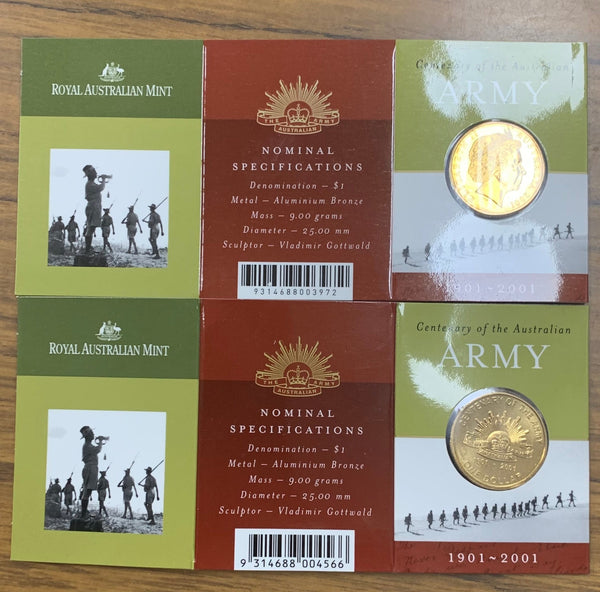 Australia 2001 Royal Australian Mint $1 Army Centenary Uncirculated Coins C & S mintmarks in RAM folders