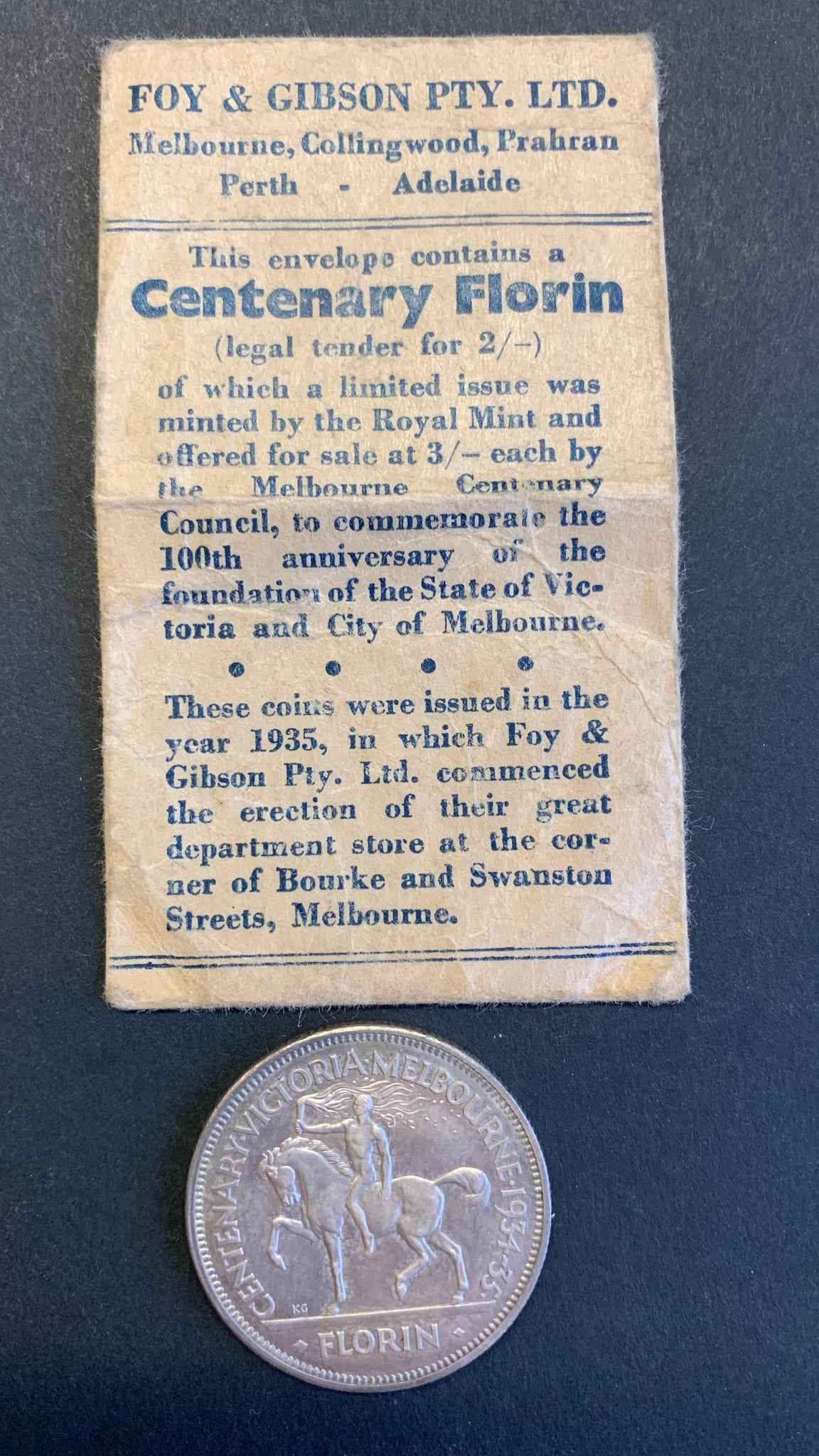 Australia 1934-5 Melbourne Centenary Florin with Foy's Bag