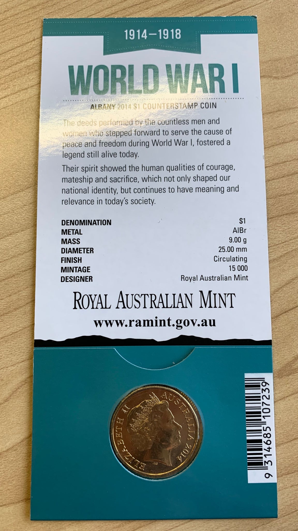 2014 Australia ANZAC Centenary carded $1 Uncirculated Coin. Albany Counterstamp