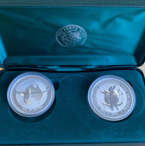 Australia 2001 Perth Mint One dollar $1 Kookaburras 2 x 1oz .999 Silver Proof Coins