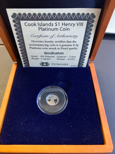 Cook Islands $1 Henry VIII .5 grams Platinum Proof Coin.