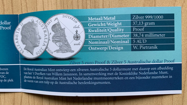 Australia 2006 Royal Australian Mint $5 Voyage of Discovery Duyfken Silver proof & Netherlands 5 Euro Joint issue