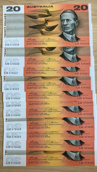 Australia 1974 $20 Phillips Wheeler Consecutive Run of 11 Banknotes Uncirculated R405