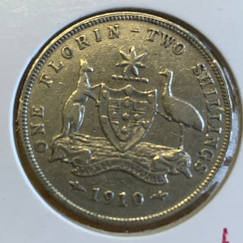 Australia 1910 2/- Florin Silver Coin Good Fine