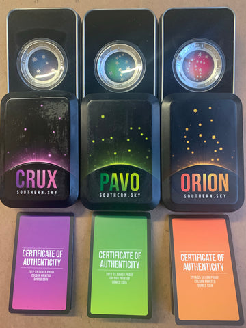 Australia 2012 Royal Australian Mint $5 Crux 2013 Pavo & 2014 Orion Domed 1oz 999 Silver Coin Box Cert
