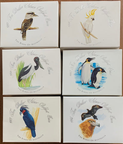 Australia 1989-1994 Royal Australian Mint Birds of Australia 6 x $10 Piedfort Proof Sterling Silver Coin Set