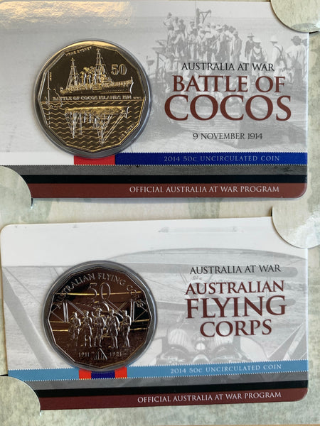 Australia 2014 - 2016 Royal Australian Mint Fifty Cents 50c Australians at War set of 18 Mint Coins on cards as issued