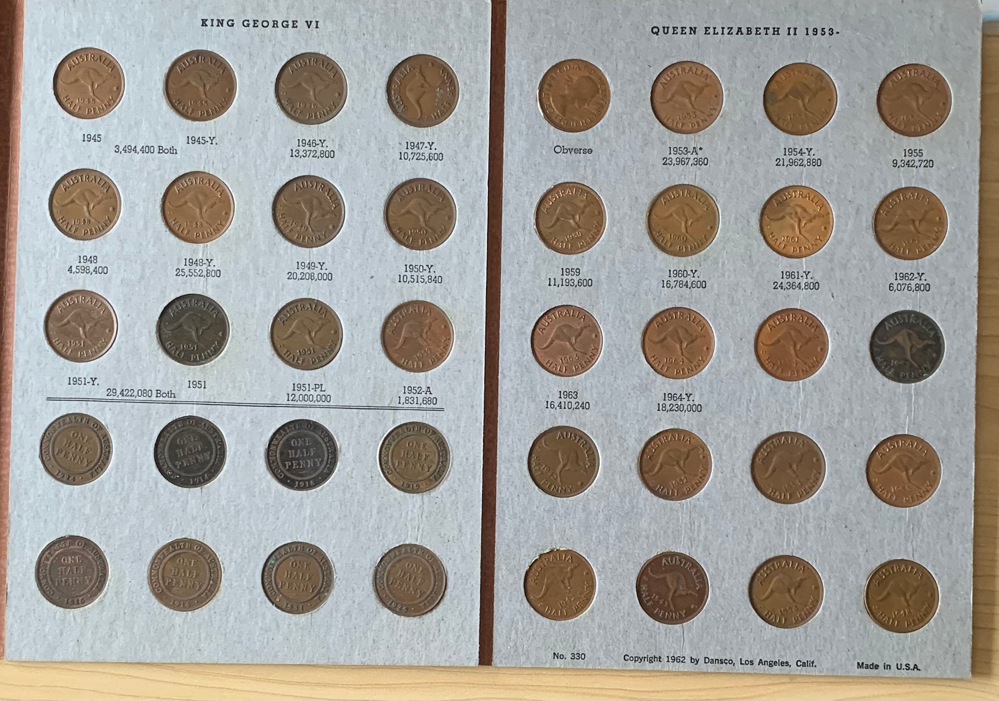 Australia 1911-64 Half Penny  ½d Halfpenny complete Set Excluding 1923 in Dansco Album