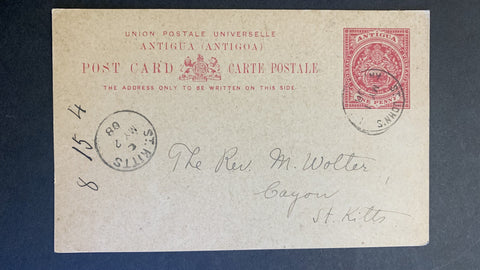 Antigua 1d & 1d Post Card cancelled May 1 1908 St. John's to St. Kitts
