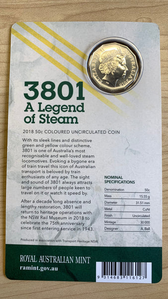 Australia 2018  A Legend of Steam Coloured Carded 50c Coin