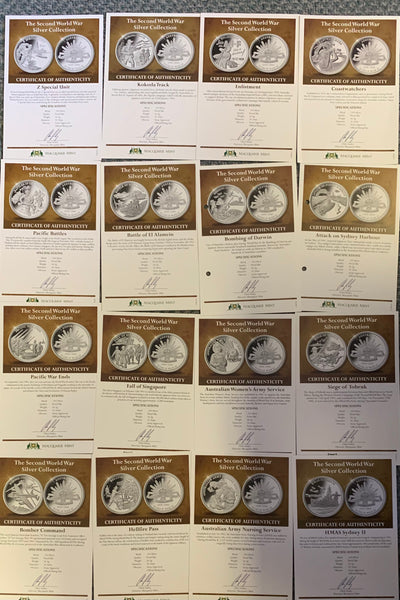 Macquarie Mint  Second World War WW11 Australian Silver Commemorative Collection of 16 medallions