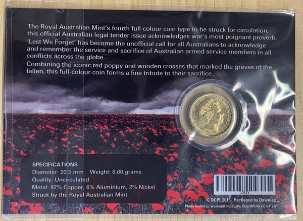 Australia 2015 Royal Australian Mint $2 Coloured Lest We Forget Coin.