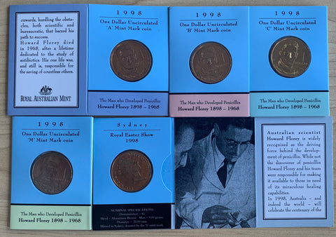 Australia 1998 Royal Australian Mint $1 Howard Florey Uncirculated Coins A, B, C, M, & S mintmarks in RAM folders