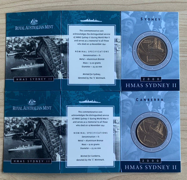 Australia 2000 Royal Australian Mint $1 HMAS Sydney Uncirculated Coins C & S mintmarks in RAM folders