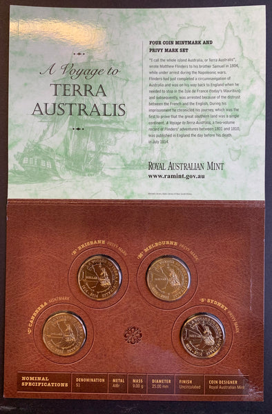 Australia 2014 Royal Australian Mint $1 Terra Australis Dollar Coin Uncirculated Privy Mark Set of 4